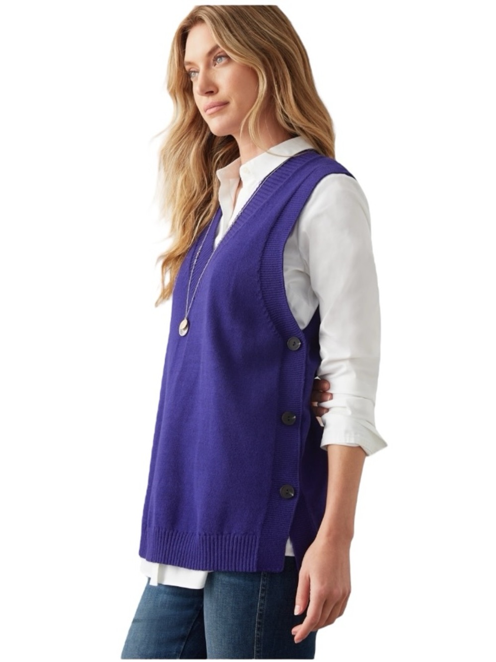 J Jill Side Button Sweater Vest Medium Purple NWT V Neck Oversized Knit Top